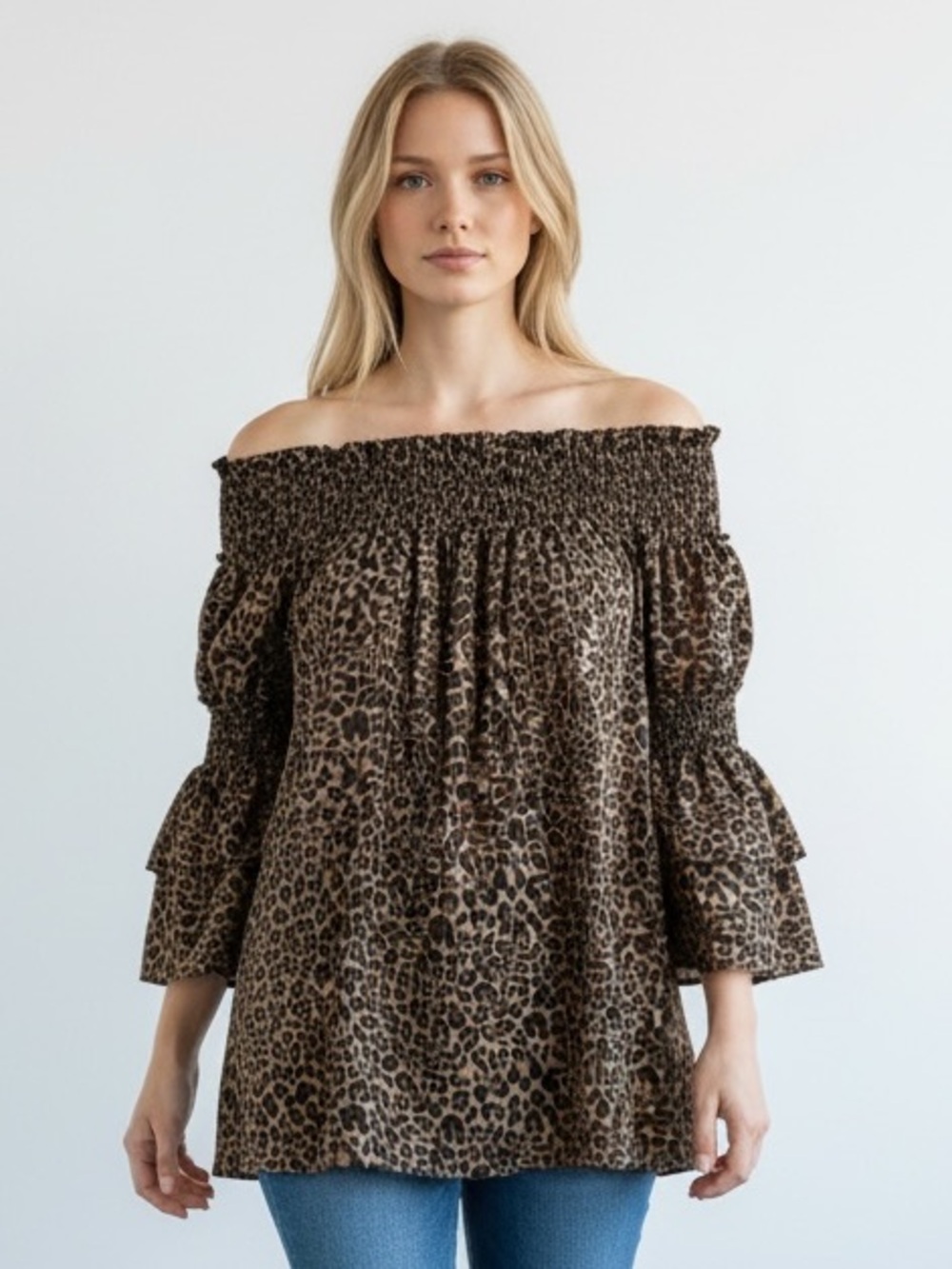 Max Studio Off-Shoulder Leopard Print Bell Sleeve Top - brown/black S